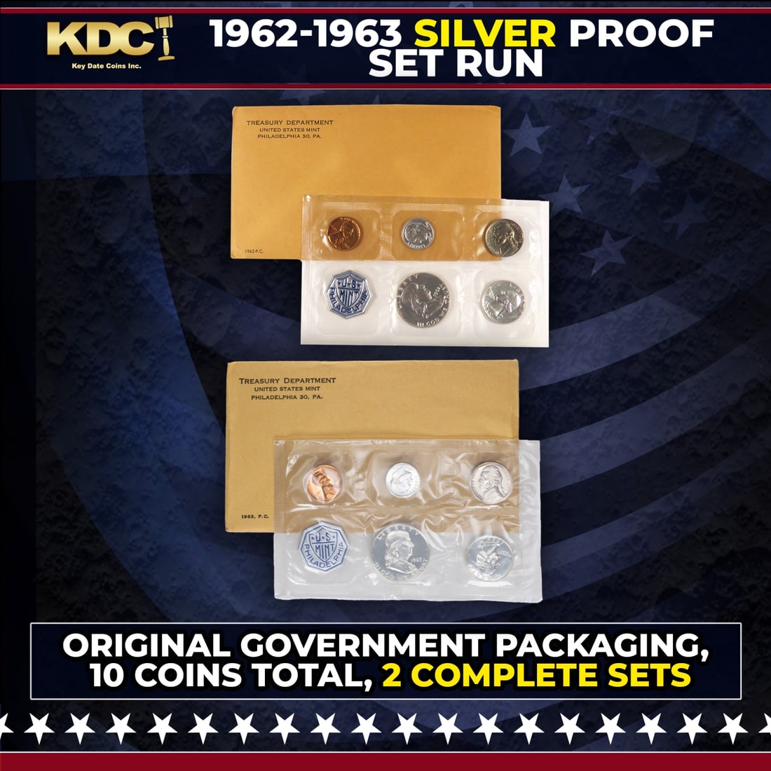 1962 & 1963 Silver Proof Sets 10 Coins In Original Government Packaging Manilla Envelope: 1962 & 1963 Silver Proof Sets 10 Coins In Original Government Packaging Manilla Envelope.