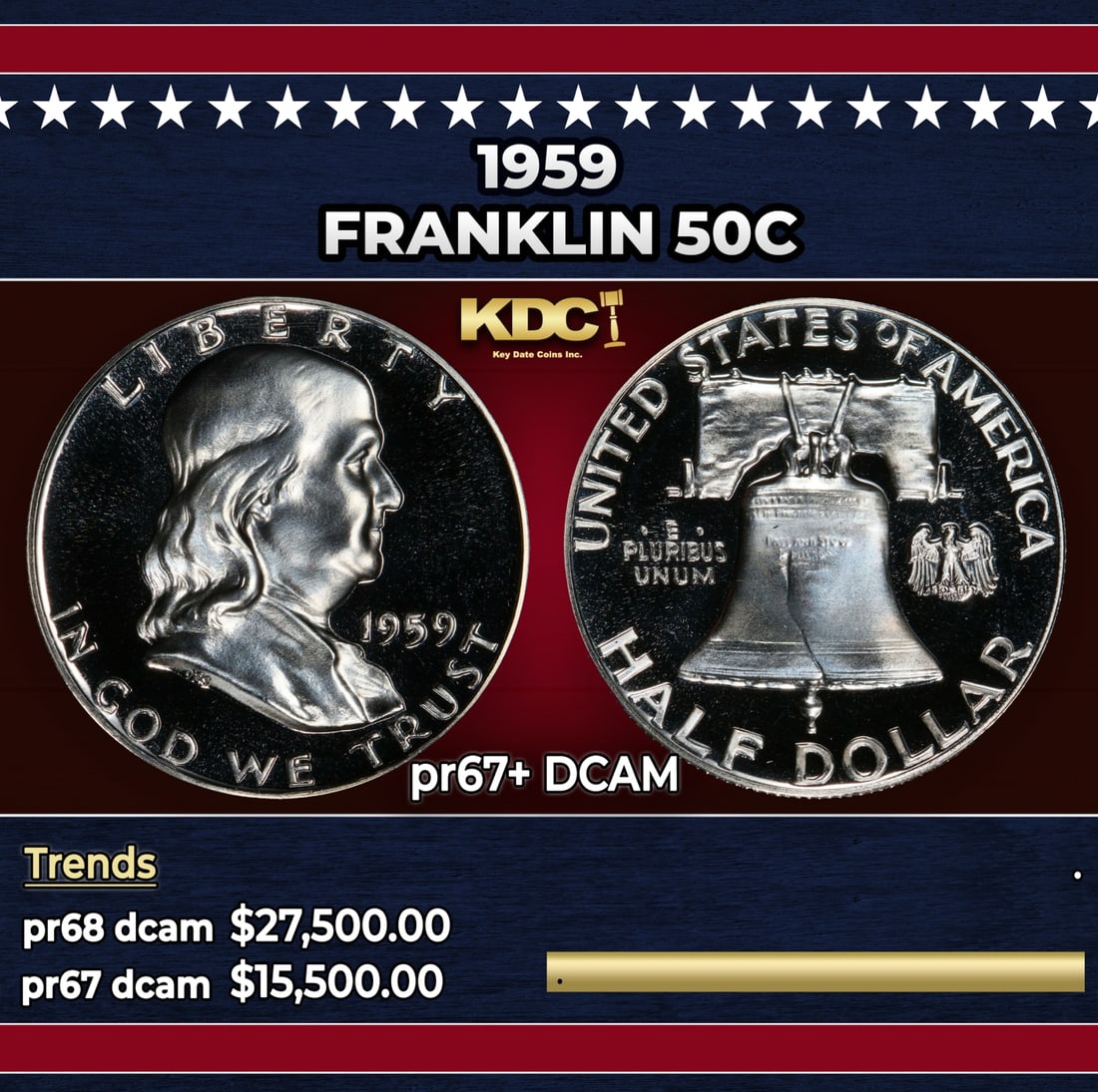 1959 Proof Franklin Half Dollar 50c pr67+ DCAM SEGS: 1959 Franklin Half Dollar 50c pr67+ DCAM SEGS. Historic precious metal trends is causing increased spot pricing by the day. On auctions with set openings, we are doing our best to have items priced at