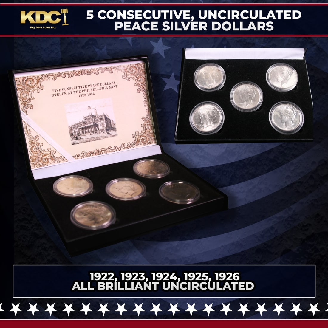 5x Coin Consecutive Peace Dollar Set 1922-1926-p ALL UNC, 5 Peace Dollars From Philly: 5x Coin Consecutive Peace Dollar Set 1922-1926-p ALL UNC, 5 Peace Dollars From Philly. Please Note All Backer Cards may have slight differences but will be very similar if not identical to the one in 
