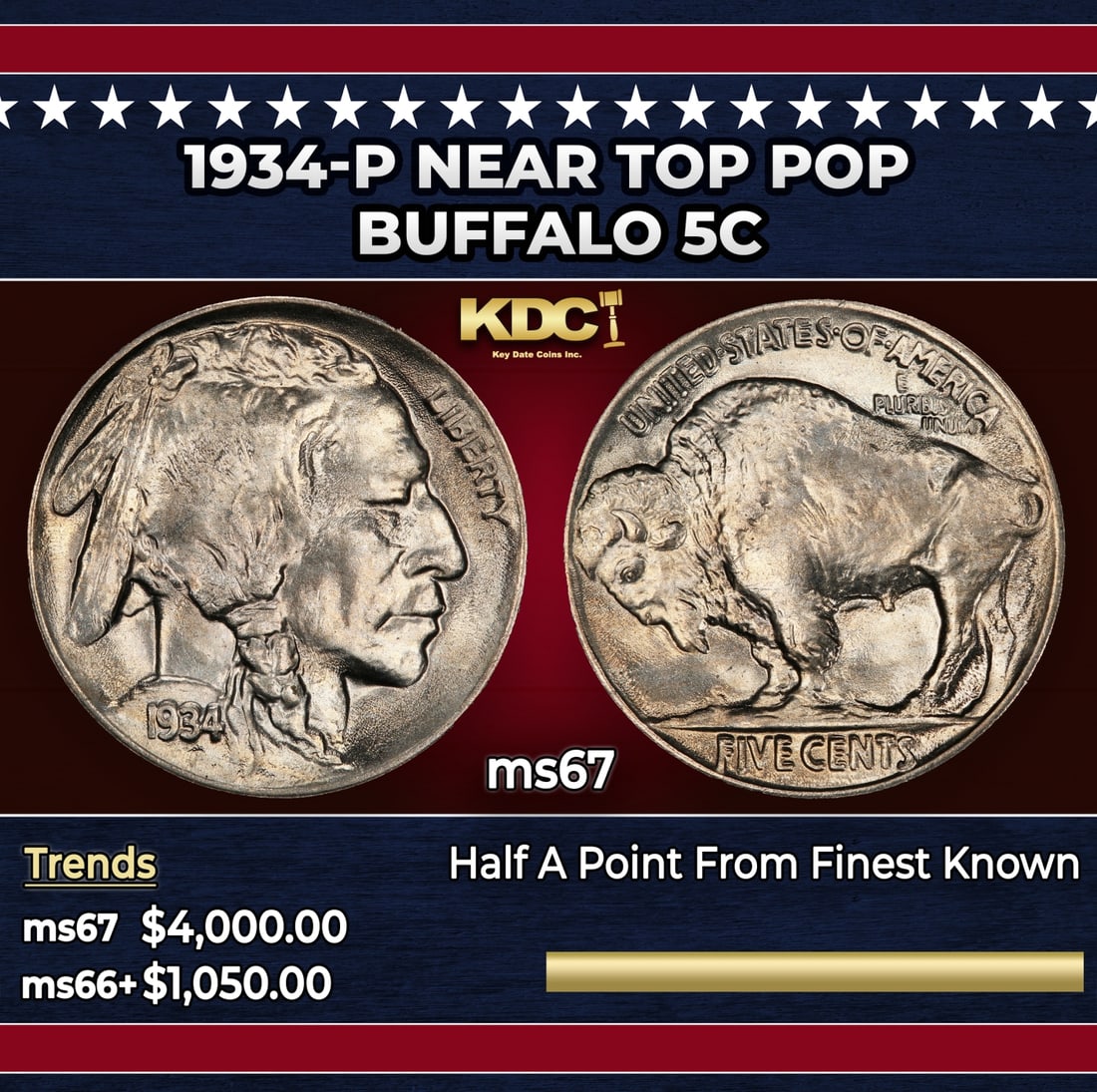 1934-p Buffalo Nickel Near Top Pop 5c ms67 SEGS: 1934-p Near Top Pop Buffalo Nickel 5c ms67 SEGS. Historic precious metal trends is causing increased spot pricing by the day. On auctions with set openings, we are doing our best to have items priced 