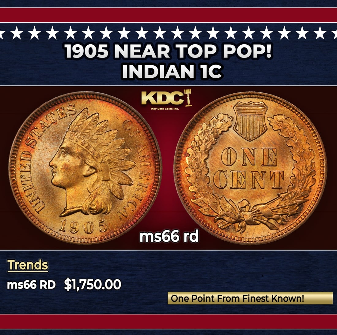 1905 Indian Cent Near Top Pop! 1c ms66 rd SEGS: 1905 Near Top Pop! Indian Cent 1c ms66 rd SEGS. Historic precious metal trends is causing increased spot pricing by the day. On auctions with set openings, we are doing our best to have items priced a