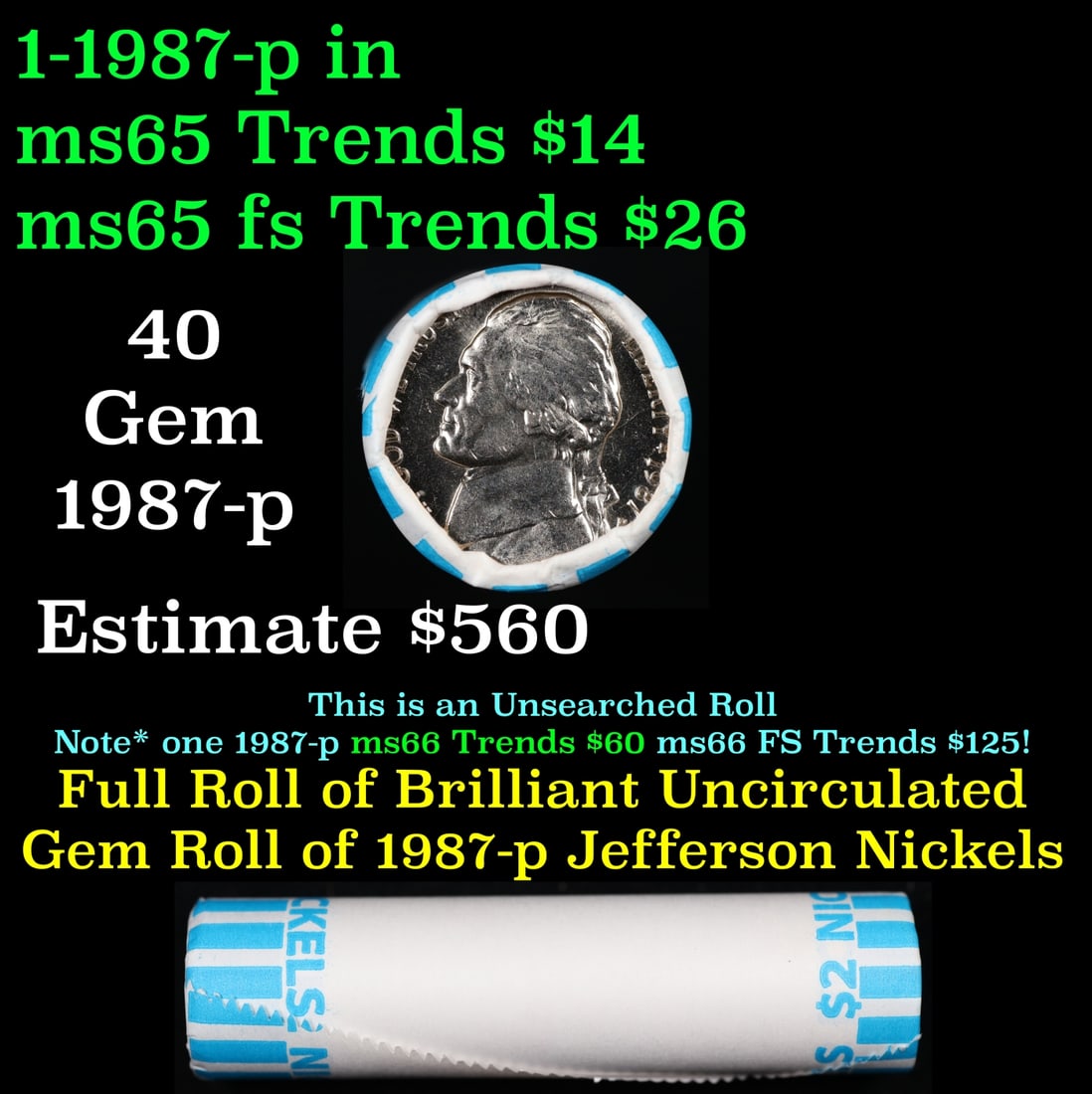 BU Shotgun Jefferson 5c roll, 1987-p 40 pcs Bank $2 Nickel Wrapper: BU Shotgun Jefferson 5c roll, 1987-p 40 pcs Bank $2 Nickel Wrapper. Historic precious metal trends is causing increased spot pricing by the day. On auctions with set openings, we are doing our best to