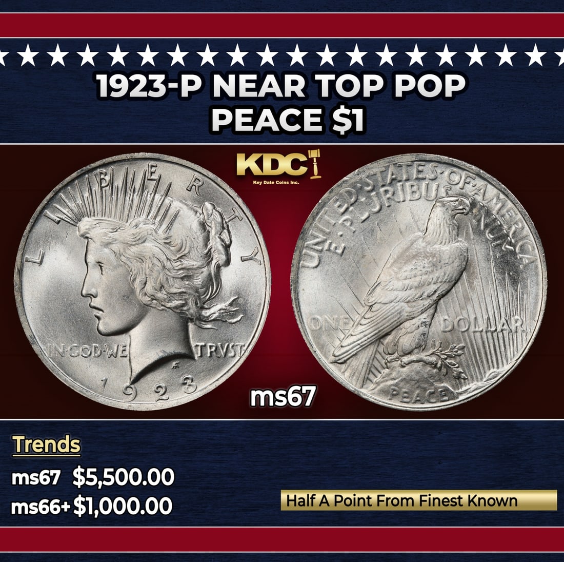 1923-p Peace Dollar Near Top Pop $1 ms67 SEGS: 1923-p Near Top Pop Peace Dollar $1 ms67 SEGS. Historic precious metal trends is causing increased spot pricing by the day. On auctions with set openings, we are doing our best to have items priced at