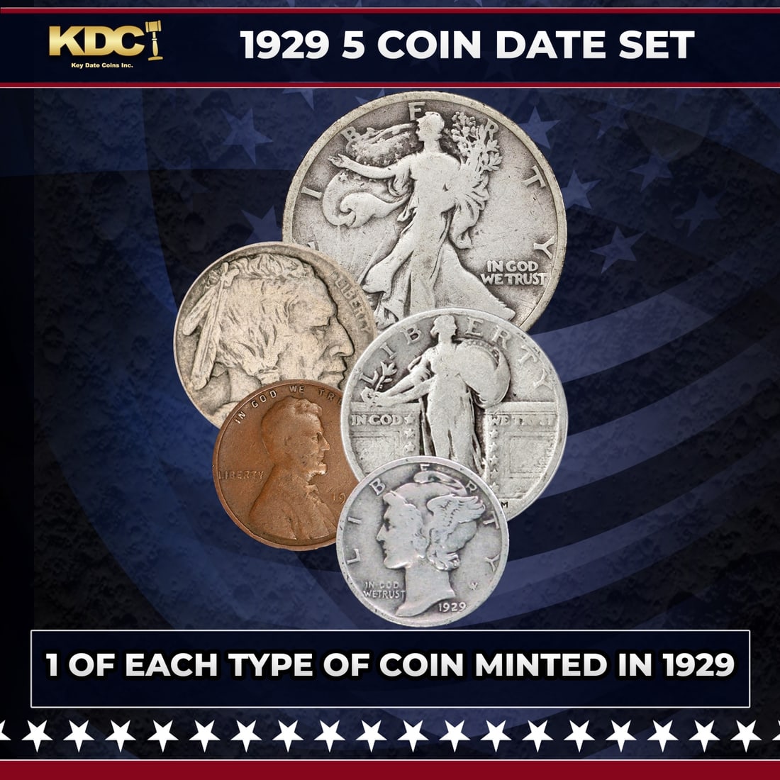 1929 5 Coin Date Set, 1 Of Each Type Of Coin Minted in 1929: 1929 5 Coin Date Set, 1 Of Each Type Of Coin Minted in 1929. Please Note All Backer Cards may have slight differences but will be very similar if not identical to the one in the photo