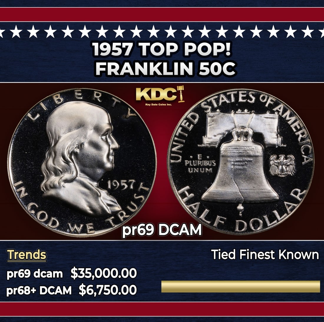 1957 Proof Franklin Half Dollar TOP POP! 50c pr69 DCAM SEGS: 1957 TOP POP! Franklin Half Dollar 50c pr69 DCAM SEGS. Historic precious metal trends is causing increased spot pricing by the day. On auctions with set openings, we are doing our best to have items p