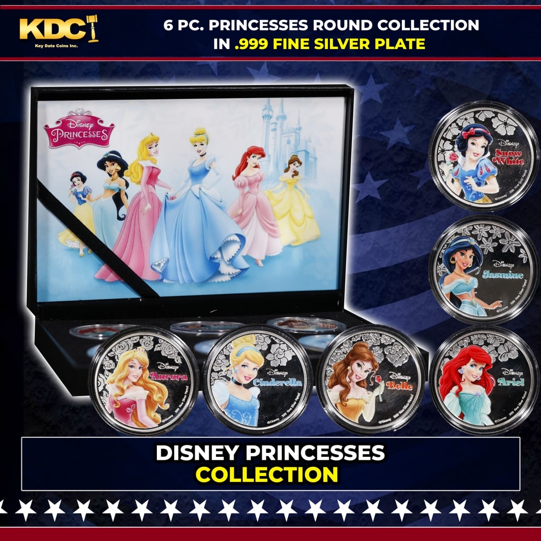 6 PC. Disney Princesses Gold Plated Round Collection In Custom Box W/ Special Backer card: 6 PC. Disney Princesses Gold Plated Round Collection In Custom Box W/ Special Backer card. Please Note All Backer Cards may have slight differences but will be very similar if not identical to the one