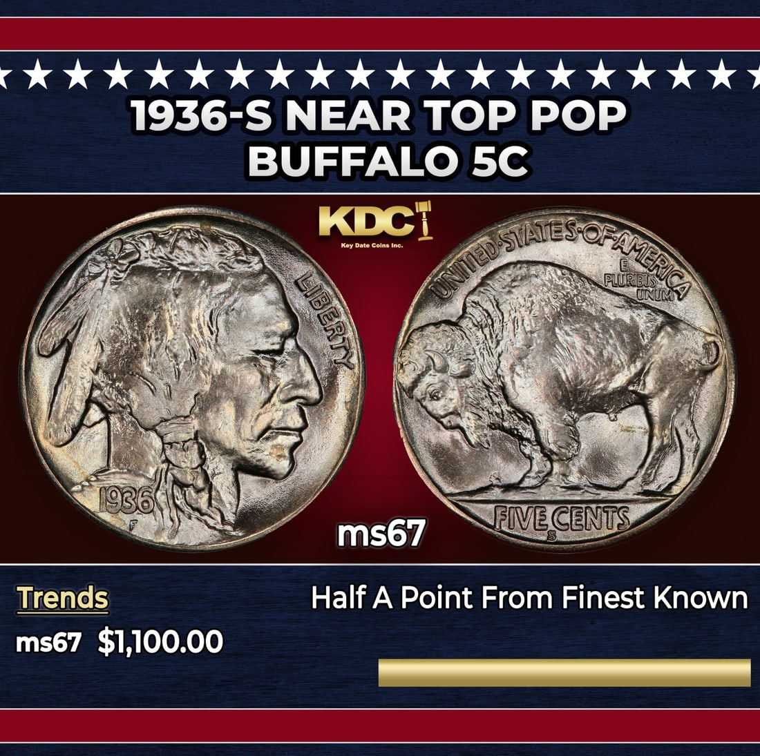 1936-s Buffalo Nickel Near Top Pop 5c ms67 SEGS: 1936-s Near Top Pop Buffalo Nickel 5c ms67 SEGS. Historic precious metal trends is causing increased spot pricing by the day. On auctions with set openings, we are doing our best to have items priced 