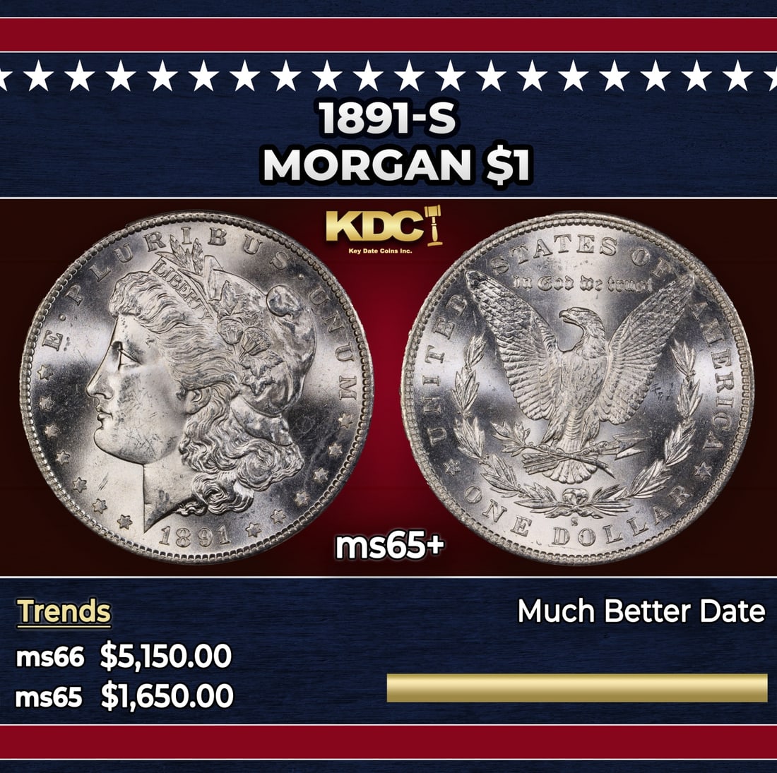 1891-s Morgan Dollar $1 ms65+ SEGS: 1891-s Morgan Dollar $1 ms65+ SEGS.