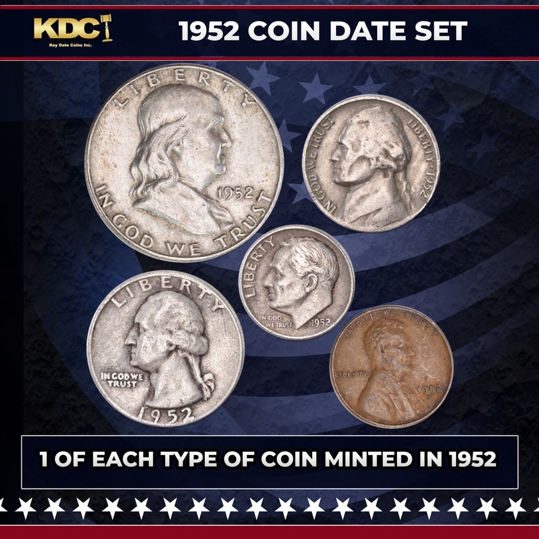 1952 5 Coin Date Set, 1 Of Each Type Of Coin Minted in 1952: 1952 5 Coin Date Set, 1 Of Each Type Of Coin Minted in 1952. If you're a fan of U.S. coins, you'll love this popular Year Set from 1952. It includes some of America's most sought-after coins. Included