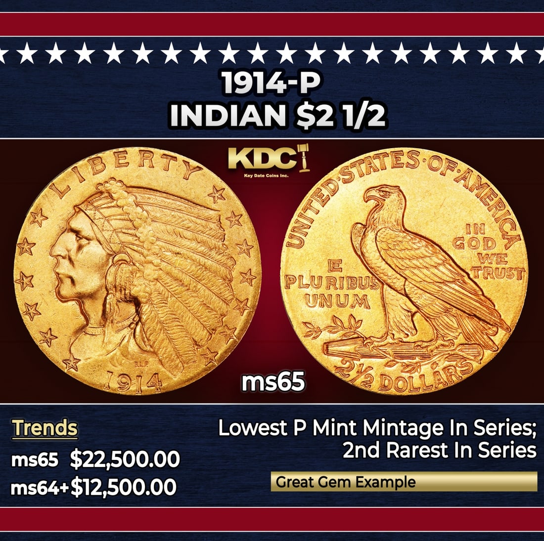 1914-p Gold Indian Quarter Eagle $2 1/2 ms65 SEGS: 1914-p Gold Indian Quarter Eagle $2 1/2 ms65 SEGS. The 1914 Indian quarter eagle boasts the lowest mintage of any Philadelphia issue of the series, at a mere 240,000 pieces. The 1914 is also widely co