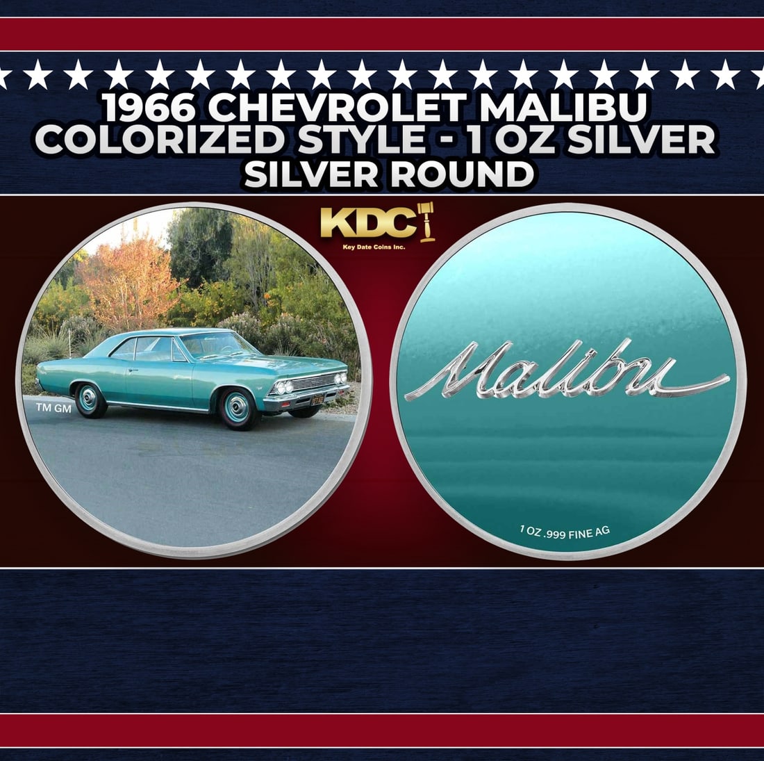 1966 Chevrolet Malibu Colorized Style - 1 oz Silver Round Round: 1966 Chevrolet Malibu Colorized Style - 1 oz Silver Round. Now you can own this classic Chevy on a 1oz colorized silver round. The front features a fully colorized photo and the reverse features a dep