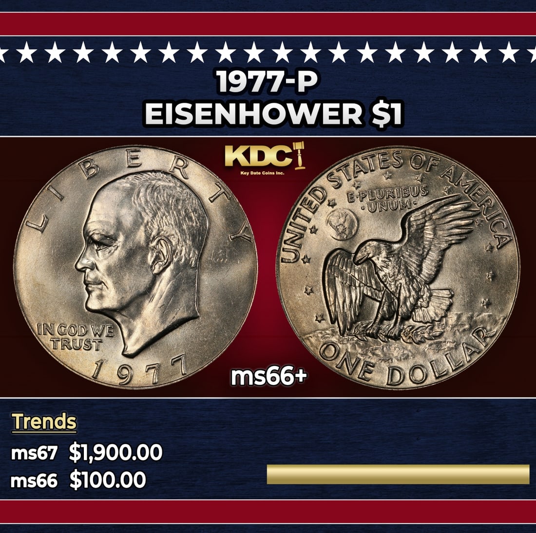 1977-p Eisenhower Dollar $1 ms66+ SEGS: 1977-p Eisenhower Dollar $1 ms66+ SEGS. Historic precious metal trends is causing increased spot pricing by the day. On auctions with set openings, we are doing our best to have items priced at their 