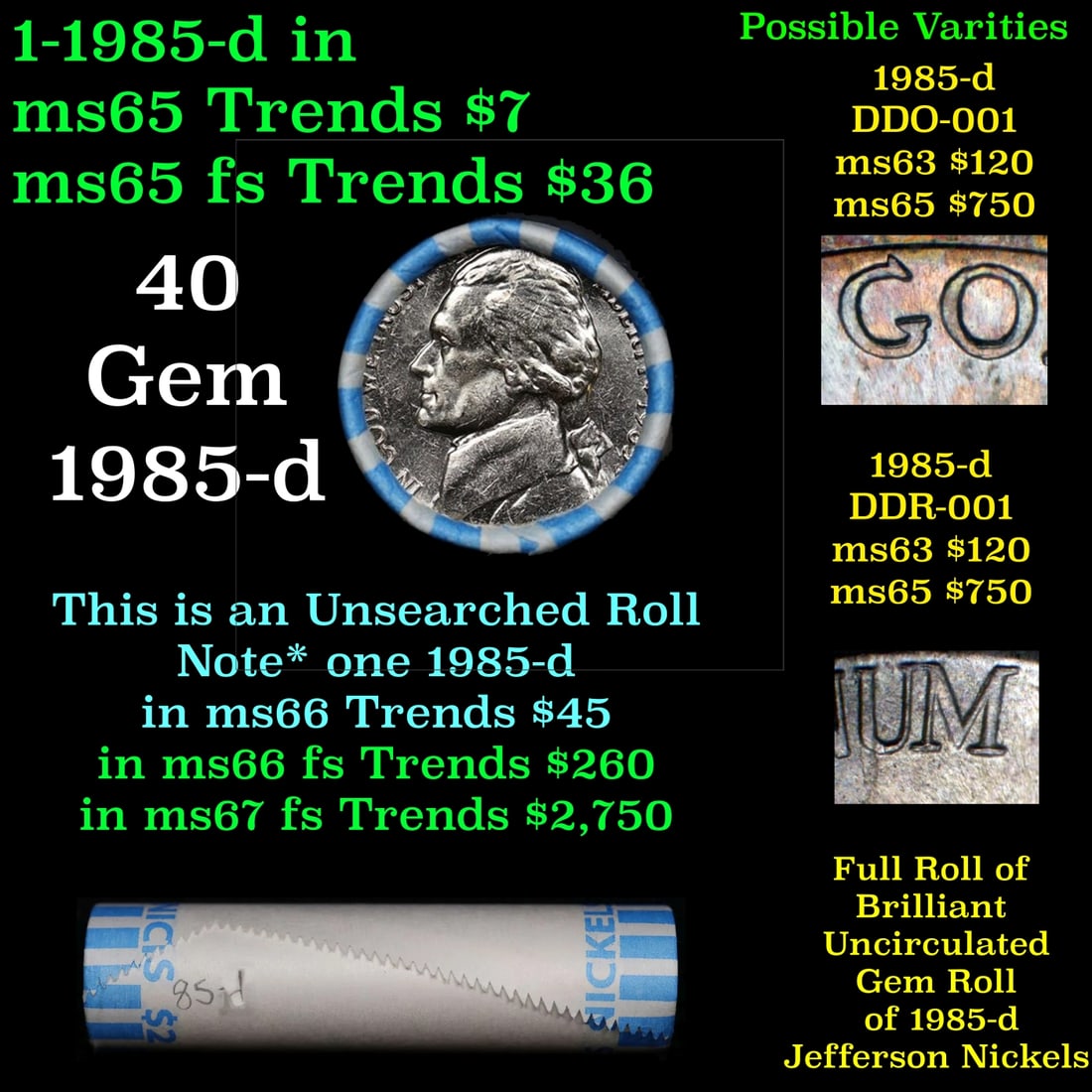 BU Shotgun Jefferson 5c roll, 1985-d 40 pcs Bank $2 Nickel Wrapper: BU Shotgun Jefferson 5c roll, 1985-d 40 pcs Bank $2 Nickel Wrapper. Historic precious metal trends is causing increased spot pricing by the day. On auctions with set openings, we are doing our best to