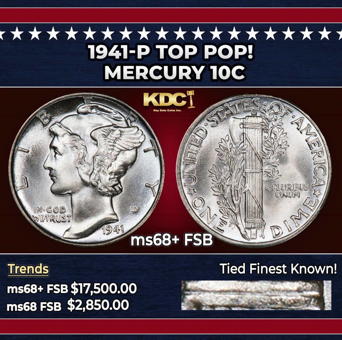 1941-p Mercury Dime TOP POP! 10c ms68+ FSB SEGS: 1941-p TOP POP! Mercury Dime 10c ms68+ FSB SEGS. Historic precious metal trends is causing increased spot pricing by the day. On auctions with set openings, we are doing our best to have items priced 
