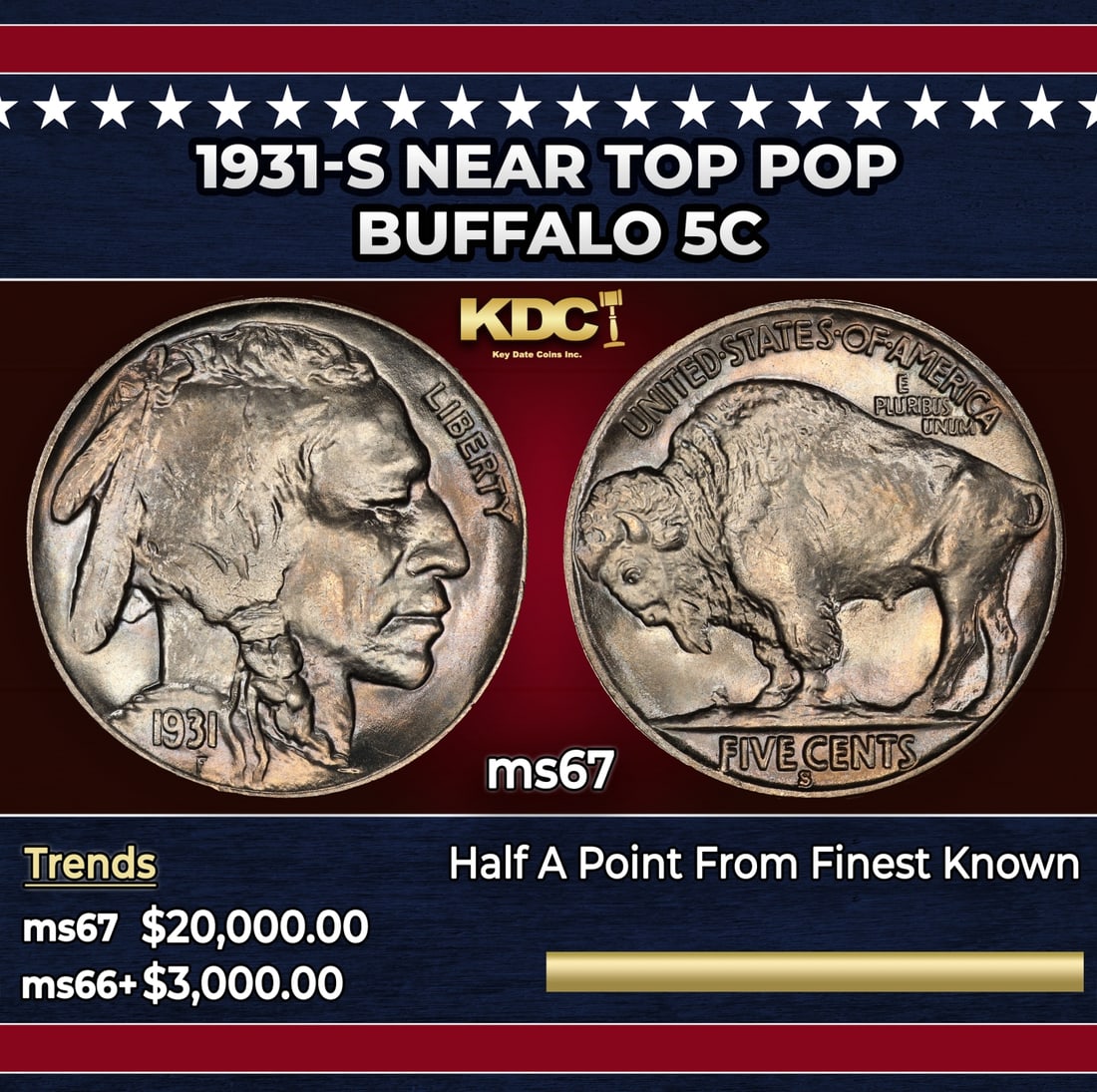 1931-s Buffalo Nickel Near Top Pop 5c ms67 SEGS: 1931-s Near Top Pop Buffalo Nickel 5c ms67 SEGS. Historic precious metal trends is causing increased spot pricing by the day. On auctions with set openings, we are doing our best to have items priced 