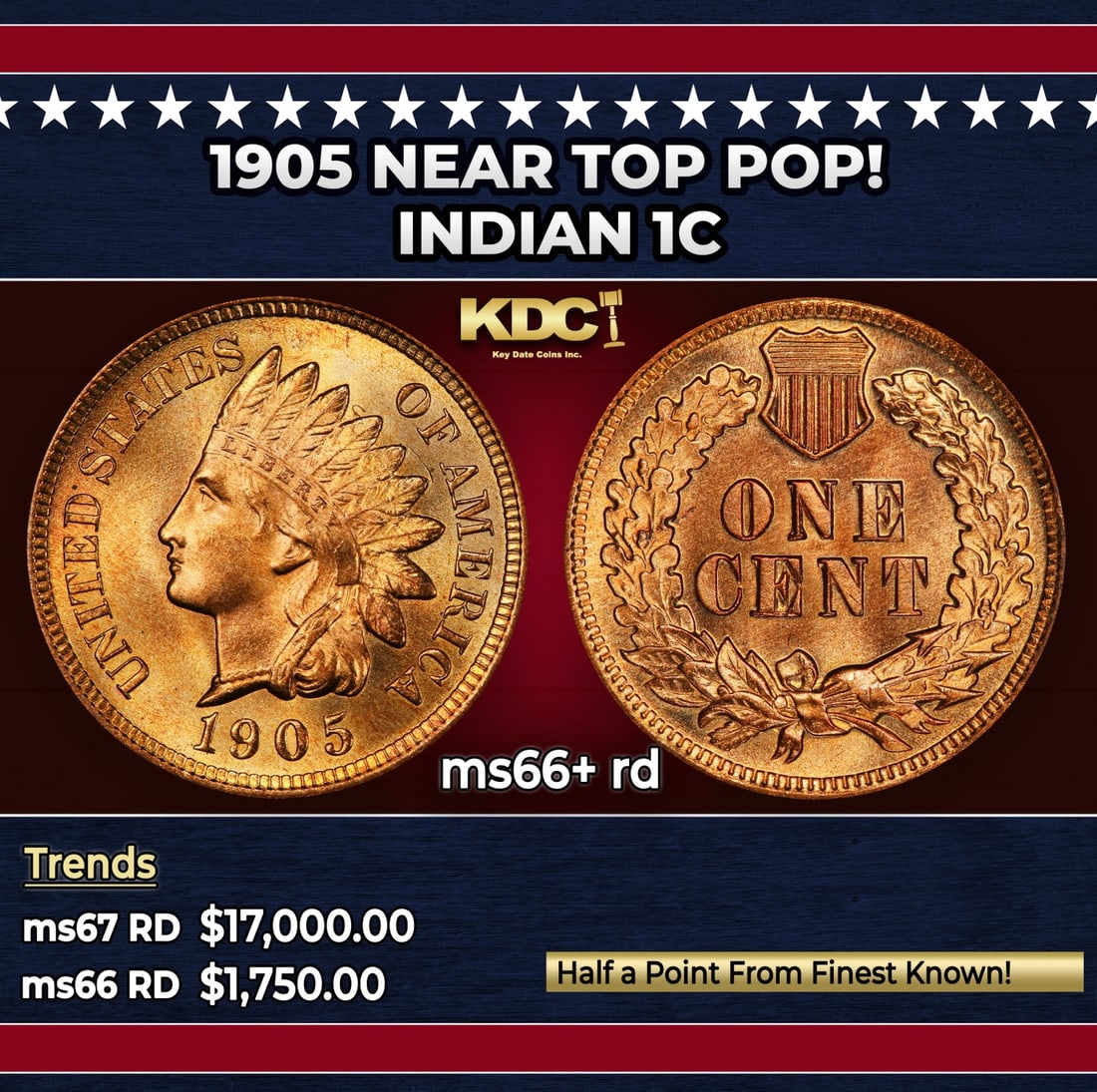 1905 Indian Cent Near Top Pop! 1c ms66+ rd SEGS: 1905 Near Top Pop! Indian Cent 1c ms66+ rd SEGS. Historic precious metal trends is causing increased spot pricing by the day. On auctions with set openings, we are doing our best to have items priced 