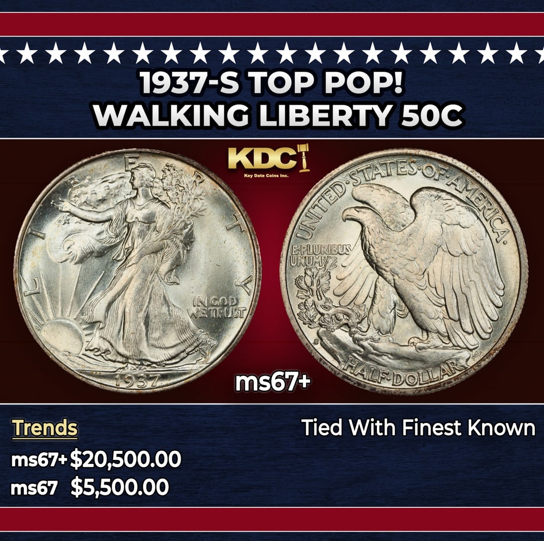 1937-s Walking Liberty Half Dollar TOP POP! 50c ms67+ SEGS: 1937-s TOP POP! Walking Liberty Half Dollar 50c ms67+ SEGS. Historic precious metal trends is causing increased spot pricing by the day. On auctions with set openings, we are doing our best to have it