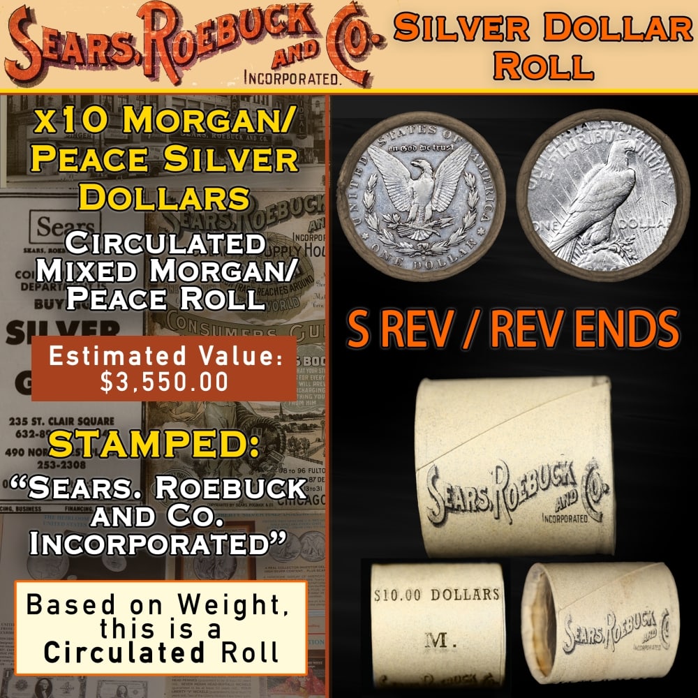 10 Coin Mixed Morgan/Peace SEARS Circ Dollar $1 Roll Morgan 'S' Rev/Peace 'P' Rev Ends: 10 Coin Mixed Morgan/Peace SEARS Circ Dollar $1 Roll Morgan 'S' Rev/Peace 'P' Rev Ends. Up For Auction is a 91- 10 Coin Mixed Morgan/Peace SEARS Circ Dollar $1 Roll Morgan 'P' Rev/Peace 'P' Rev Ends R