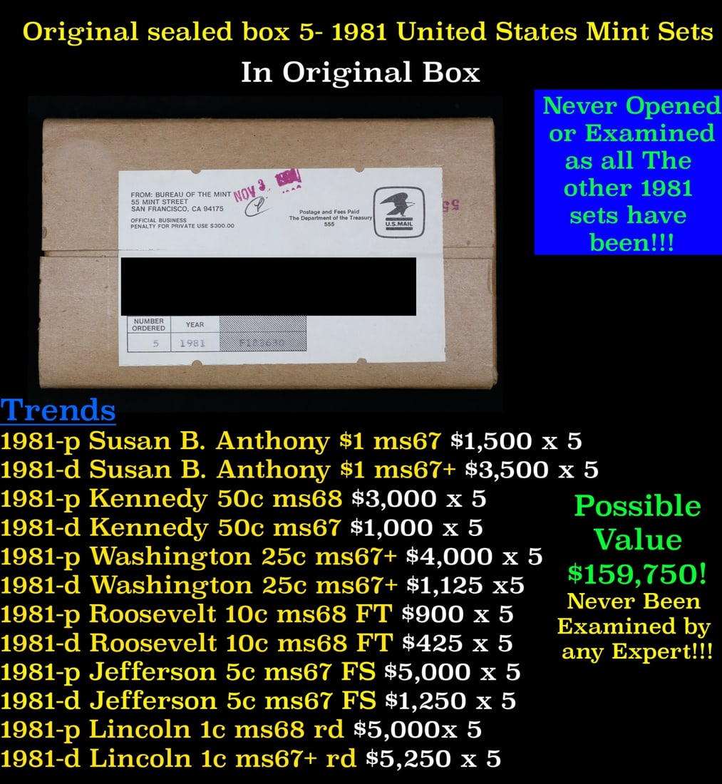 Original sealed box 5- 1981 United States Mint Sets: Original sealed box 5- 1981 United States Mint Sets. Historic precious metal trends is causing increased spot pricing by the day. On auctions with set openings, we are doing our best to have items pri