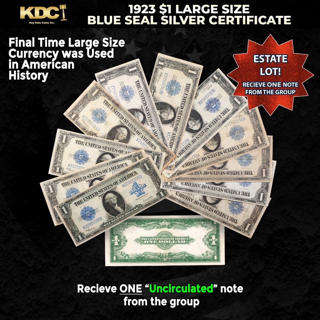 1x 1923 $1 Large Size Silver Certificate Grades CU: 1x 1923 $1 Large Size Silver Certificate Grades CU. The term ?horse blanket? gets used a lot when talking about large size currency. It is most frequently used to describe this bank note. All large si