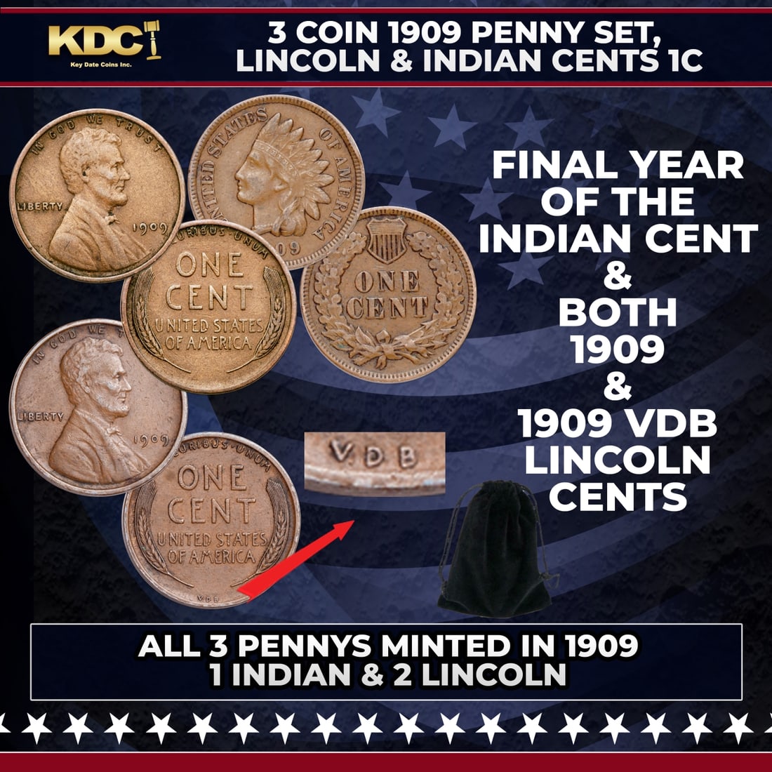 3 Coin 1909 Penny Set, Lincoln & Indian Cents 1c (1 of 1)