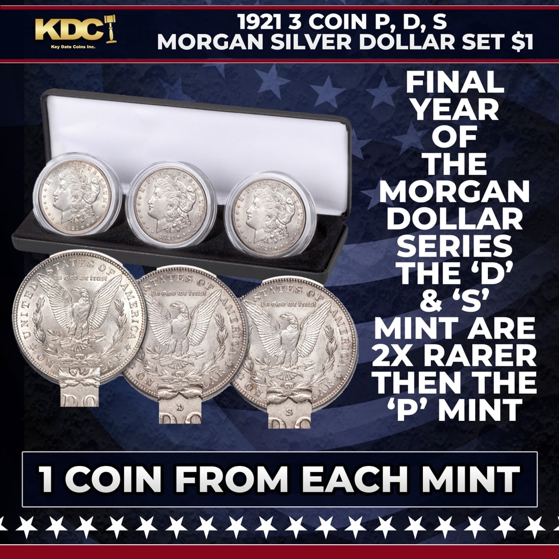 1921 3 Coin P, D, S Morgan Silver Dollar Set $1: 1921 3 Coin P, D, S Morgan Silver Dollar Set $1. Designed by George T. Morgan, Morgan silver dollars were struck from 1878 to 1904, and then one last time in 1921. All three of the historic 90% silver