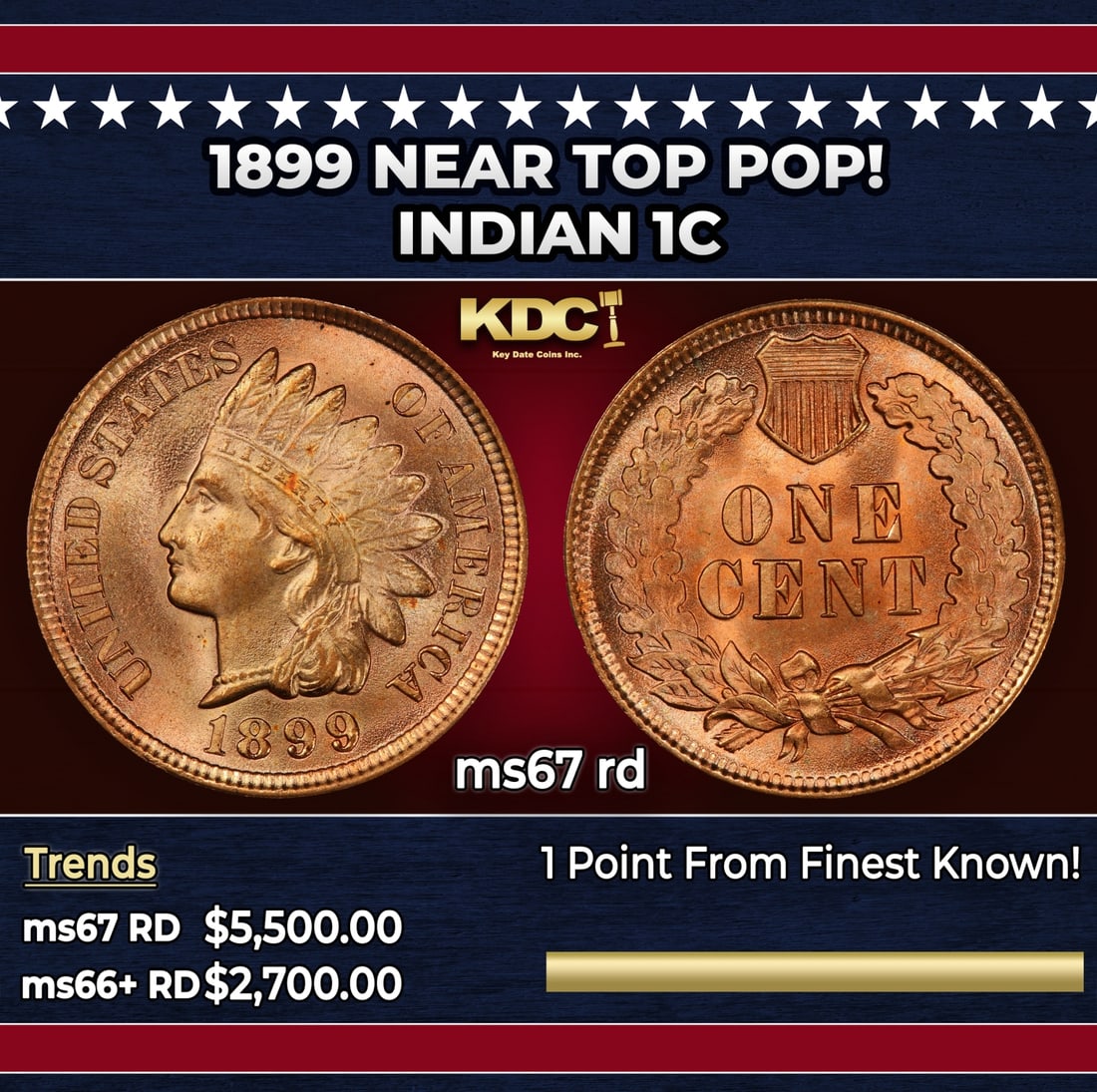 1899 Indian Cent Near Top Pop! 1c ms67 rd SEGS: 1899 Near Top Pop! Indian Cent 1c ms67 rd SEGS. Historic precious metal trends is causing increased spot pricing by the day. On auctions with set openings, we are doing our best to have items priced a