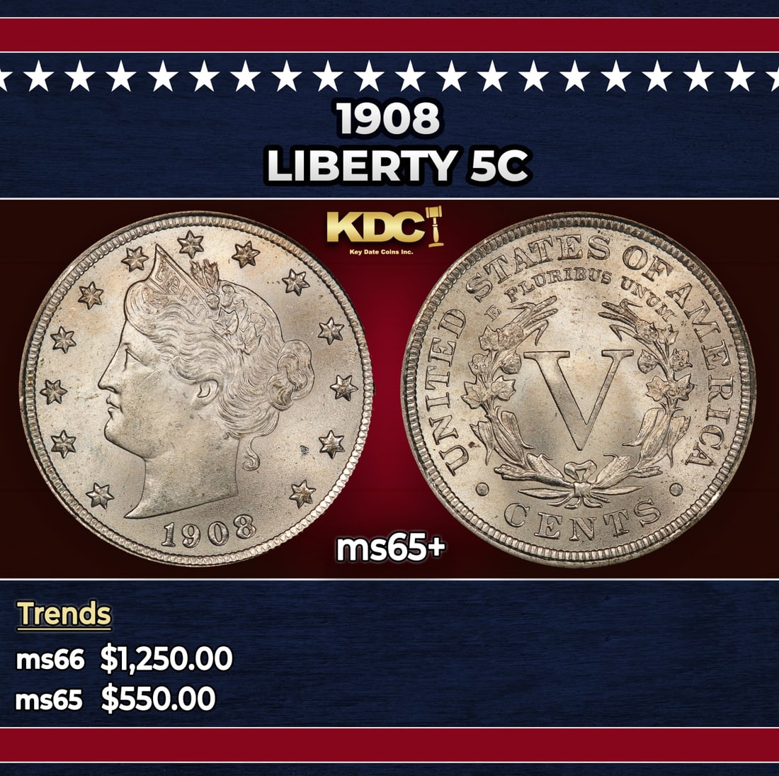 1908 Liberty Nickel 5c ms65+ SEGS: 1908 Liberty Nickel 5c ms65+ SEGS. Historic precious metal trends is causing increased spot pricing by the day. On auctions with set openings, we are doing our best to have items priced at their marke