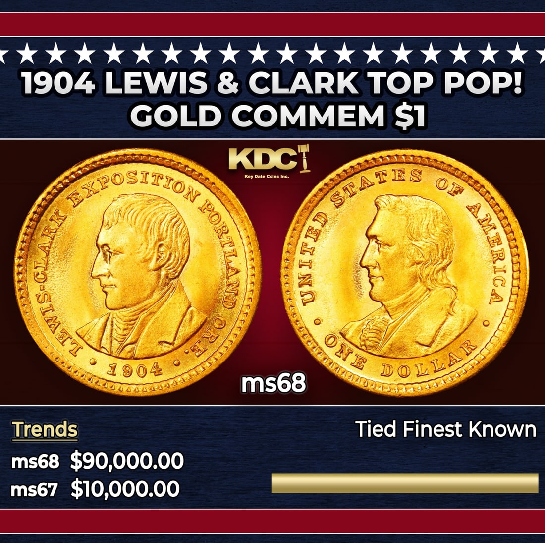 1904 Lewis & Clark Gold Commem Dollar TOP POP! 1 ms68 SEGS: 1904 Lewis & Clark TOP POP! Gold Commem Dollar 1 ms68 SEGS. Heads You win, Heads You Lose! This is THE ONLY Two Headed Coin in US History! The Obverse depicts the Head of Lewis and the Reverse the Hea