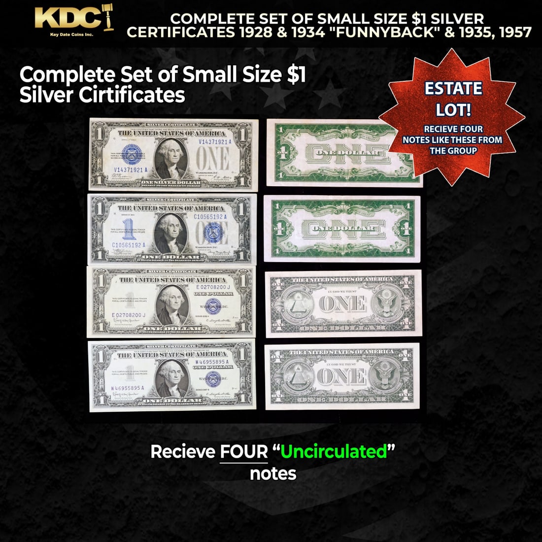 COMPLETE Set of Small Size $1 Silver Certificates 1928 & 1934 "Funnyback" & 1935, 1957 Grades CU: COMPLETE Set of Small Size $1 Silver Certificates 1928 & 1934 "Funnyback" & 1935, 1957 Grades CU. Historic precious metal trends is causing increased spot pricing by the day. On auctions with set open