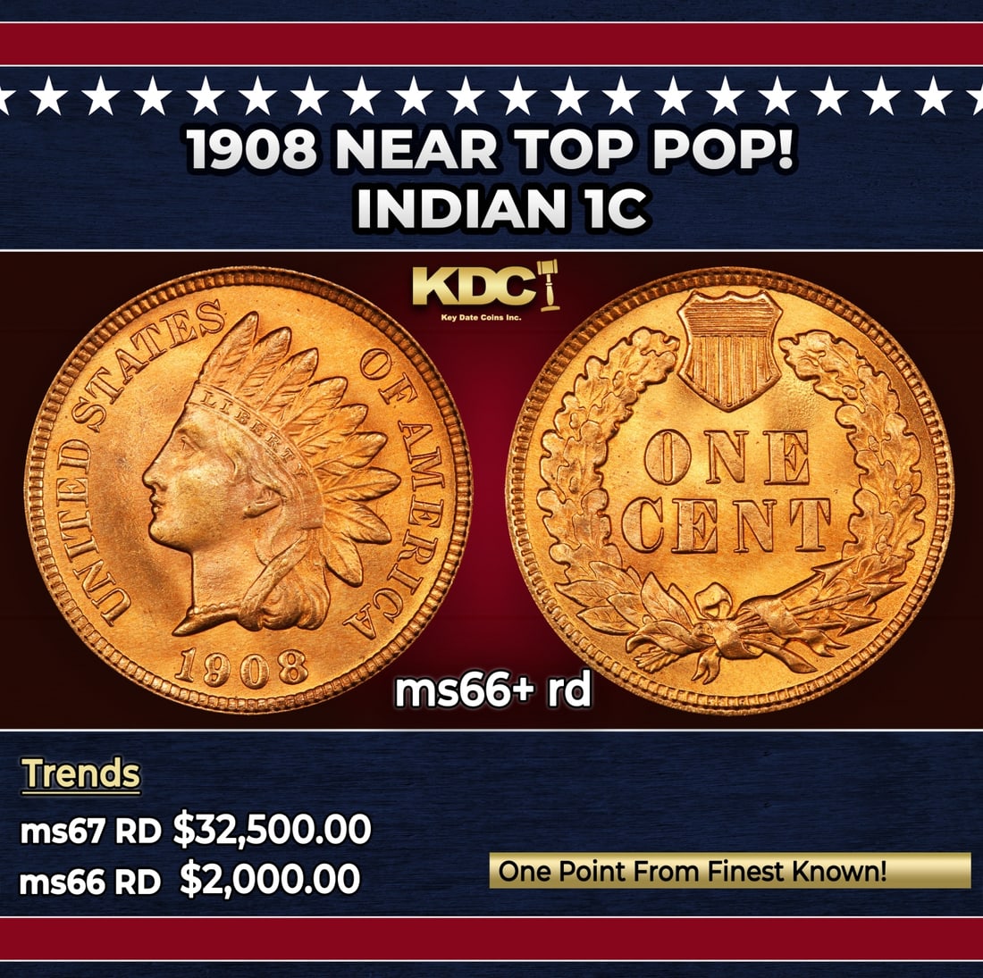 1908 Indian Cent Near Top Pop! 1c ms66+ rd SEGS: 1908 Near Top Pop! Indian Cent 1c ms66+ rd SEGS. Historic precious metal trends is causing increased spot pricing by the day. On auctions with set openings, we are doing our best to have items priced 
