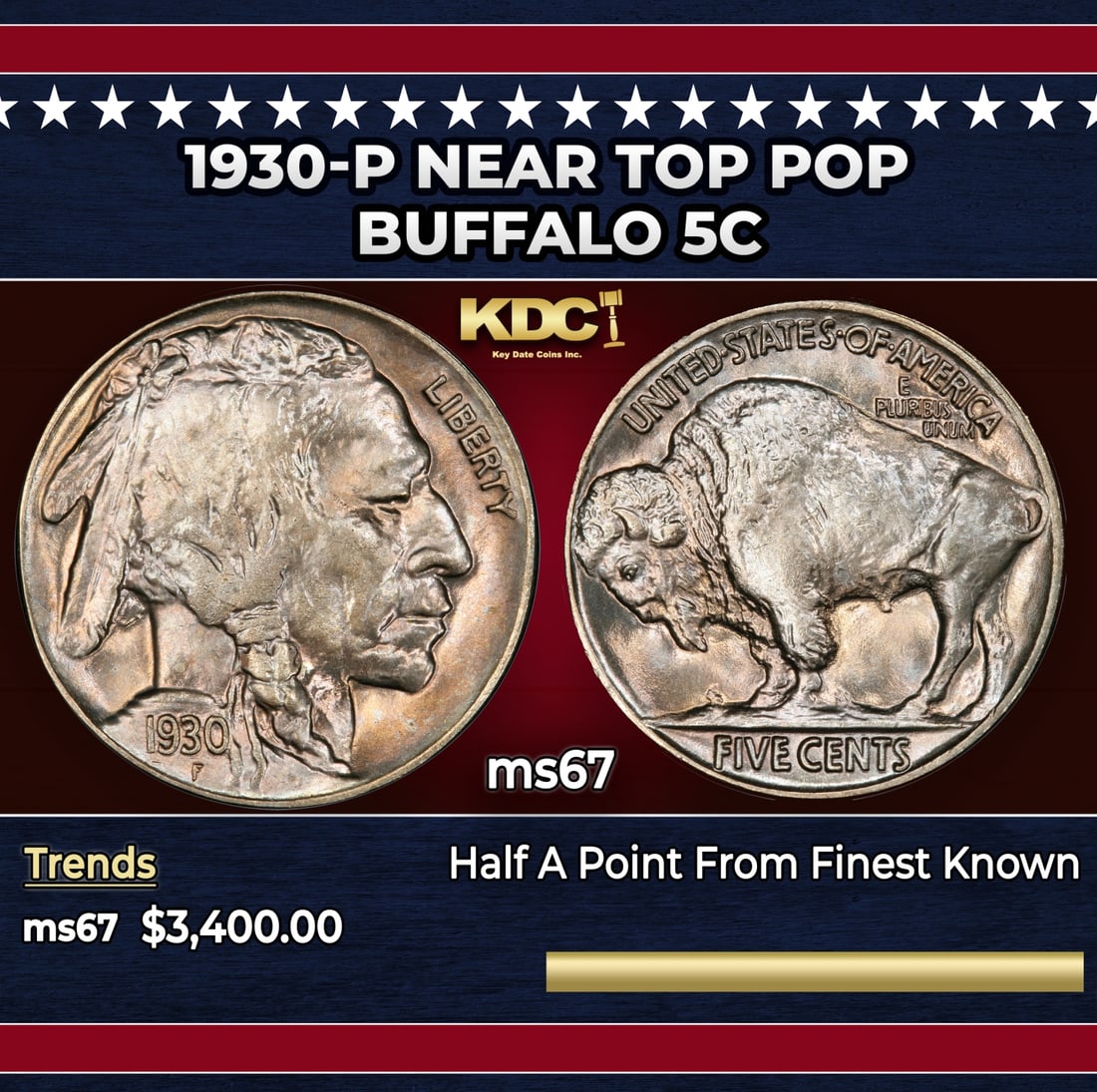1930-p Buffalo Nickel Near Top Pop 5c ms67 SEGS: 1930-p Near Top Pop Buffalo Nickel 5c ms67 SEGS. Historic precious metal trends is causing increased spot pricing by the day. On auctions with set openings, we are doing our best to have items priced 