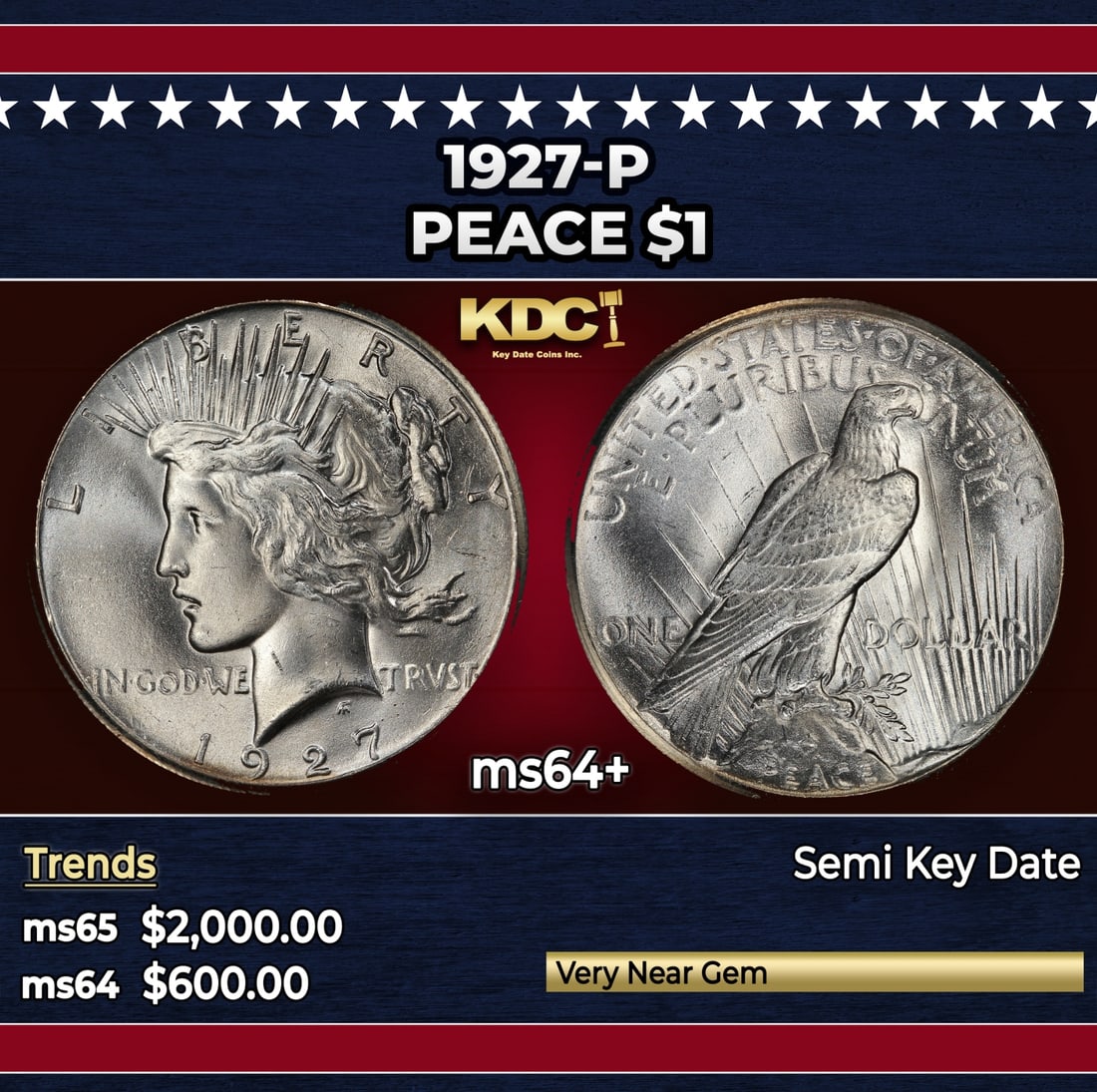 1927-p Peace Dollar $1 Grades ms64+: 1927-p Peace Dollar $1 Grades ms64+. The 27-p is the big sleeper of numismatics in my opinion. It has the 2nd lowest mintage in the whole Peace dollar series. Lower than the 34-s, the 21-p, yet it doe