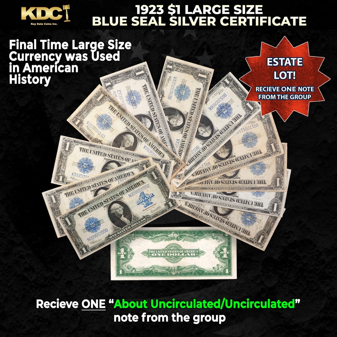 1x 1923 $1 Large Size Silver Certificate Grades AU/CU: 1x 1923 $1 Large Size Silver Certificate Grades AU/CU. The term ?horse blanket? gets used a lot when talking about large size currency. It is most frequently used to describe this bank note. All large