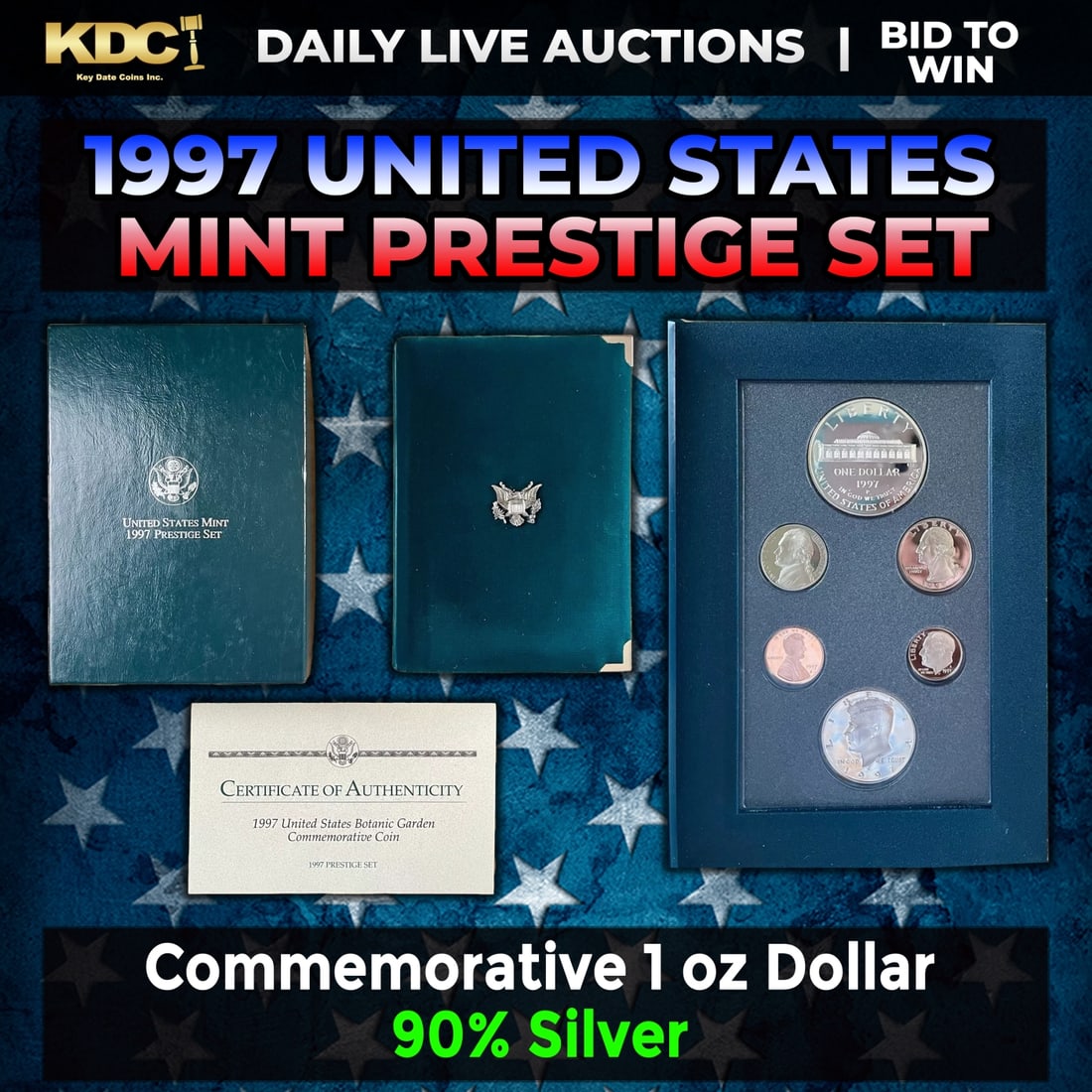 1997 United States Mint Prestige Proof Set With Box & COA: 1997 United States Mint Prestige Proof Set With Box & COA. This six-piece Proof set includes all Proof coins issued in 1997 plus a commemorative Botanical Gardens proof Silver dollar, all in the origi