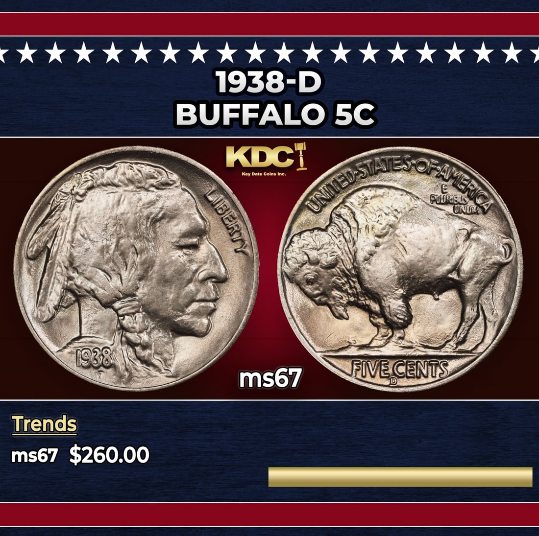 1938-d Buffalo Nickel 5c ms67 SEGS: 1938-d Buffalo Nickel 5c ms67 SEGS. Historic precious metal trends is causing increased spot pricing by the day. On auctions with set openings, we are doing our best to have items priced at their mark