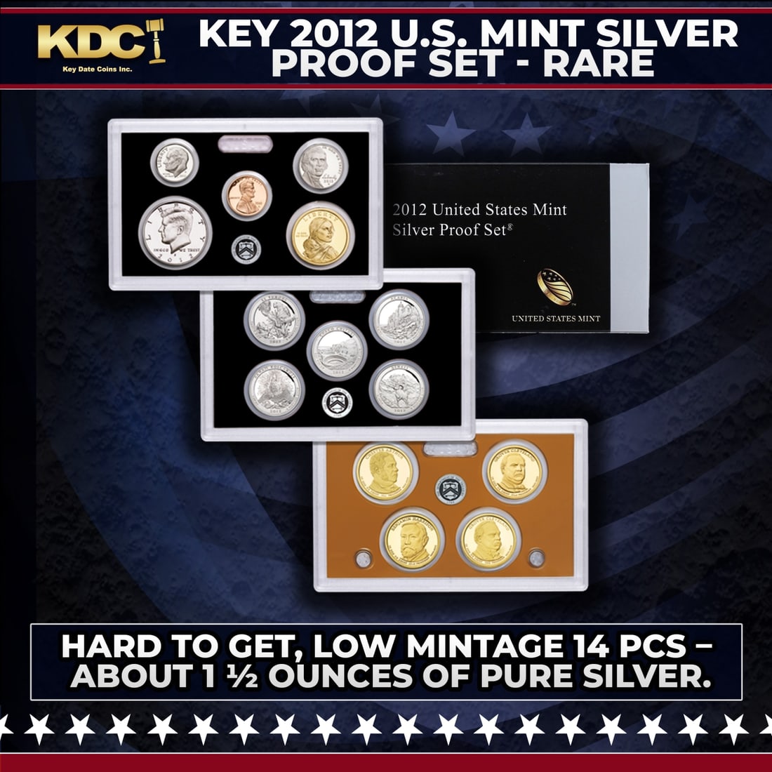 RARE KEY 2012 US Mint Silver Proof Set; Hard to get, low mintage 14 pcs ? about 1 ½ ounces of pure: RARE KEY 2012 US Mint Silver Proof Set; Hard to get, low mintage 14 pcs ? about 1 ½ ounces of pure silver.. 2012-s United States Mint Silver Proof Set with 14 coins. Produced at the San Francis
