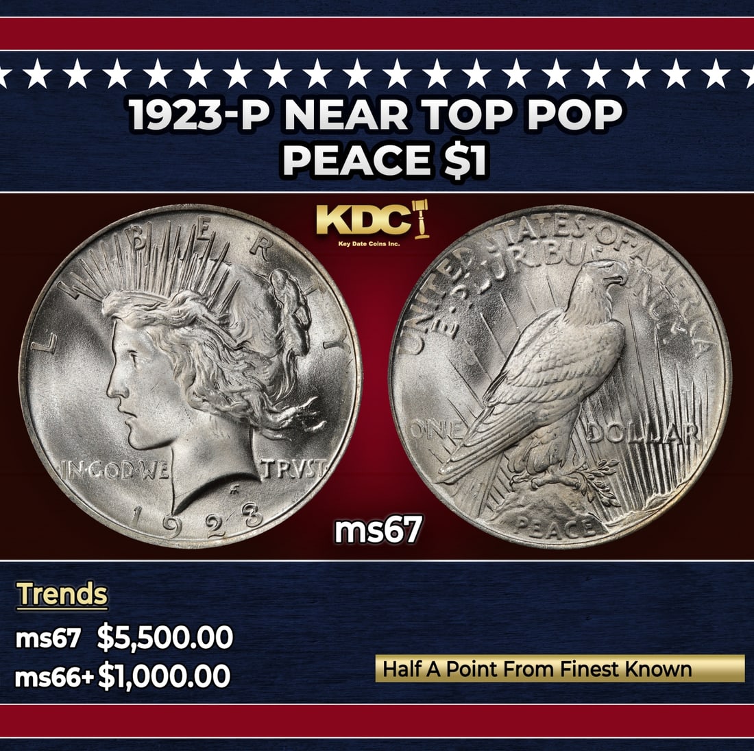 1923-p Peace Dollar Near Top Pop $1 ms67 SEGS: 1923-p Near Top Pop Peace Dollar $1 ms67 SEGS. Historic precious metal trends is causing increased spot pricing by the day. On auctions with set openings, we are doing our best to have items priced at