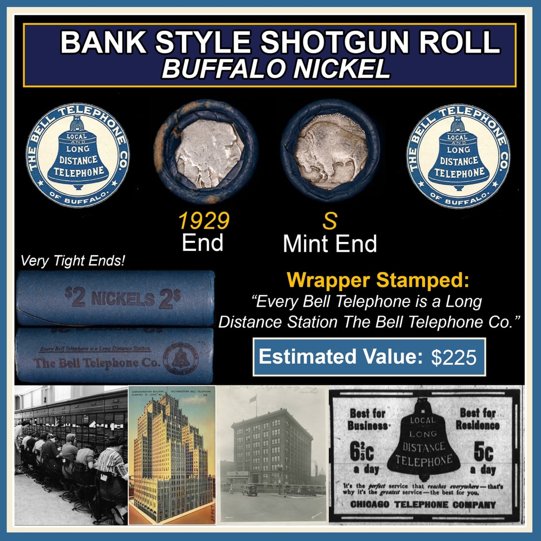 Buffalo Nickel Shotgun Roll in Old Bank Style 'Bell Telephone' Wrapper 1929 & S Mint Ends: Buffalo Nickel Shotgun Roll in Old Bank Style 'Bell Telephone' Wrapper 1929 & S Mint Ends. The roll is held in an old, rare "Bell Telephone Co." Bank style wrapper. This is the Bell Telephone logo fro