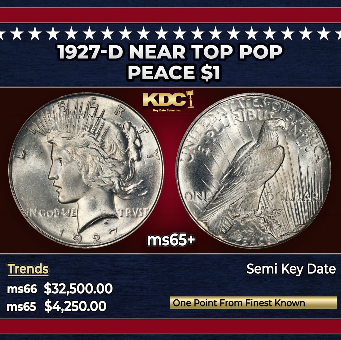 1927-d Peace Dollar Near Top Pop $1 ms65+ SEGS: 1927-d Near Top Pop Peace Dollar $1 ms65+ SEGS. Historic precious metal trends is causing increased spot pricing by the day. On auctions with set openings, we are doing our best to have items priced a