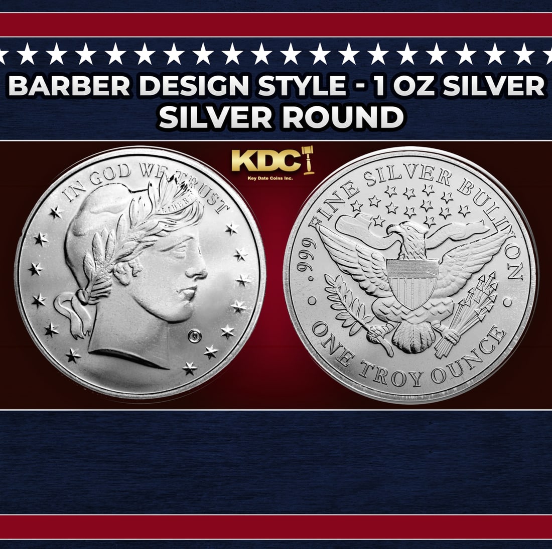 Barber Design Style - 1 oz Silver Round Round: Barber Design Style - 1 oz Silver Round. This silver round pays tribute to the Barber design used on US coinage from 1892-1916. Contains 1oz of .999 Fine Silver.