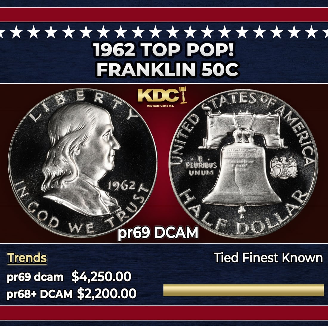 1962 Proof Franklin Half Dollar TOP POP! 50c pr69 DCAM SEGS: 1962 TOP POP! Franklin Half Dollar 50c pr69 DCAM SEGS. Historic precious metal trends is causing increased spot pricing by the day. On auctions with set openings, we are doing our best to have items p