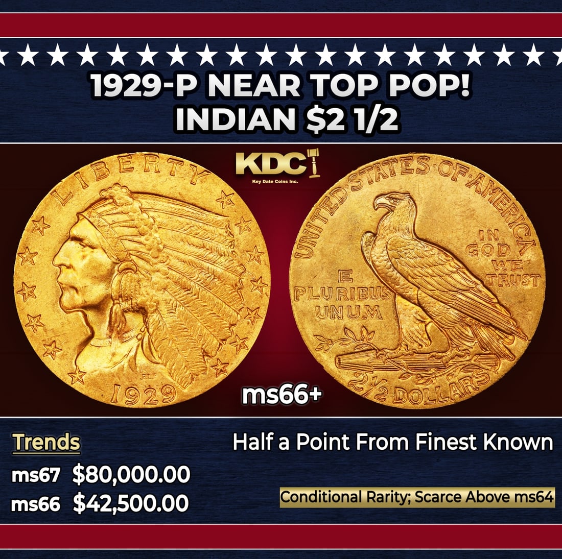 1929-p Gold Indian Quarter Eagle Near Top Pop! $2 1/2 ms66+ USCG: 1929-p Near Top Pop! Gold Indian Quarter Eagle $2 1/2 ms66+ USCG. Per David Akers Of PCGS "This is an unusual issue in that it is easy to find in MS-63 or lower condition but surprisingly difficult to