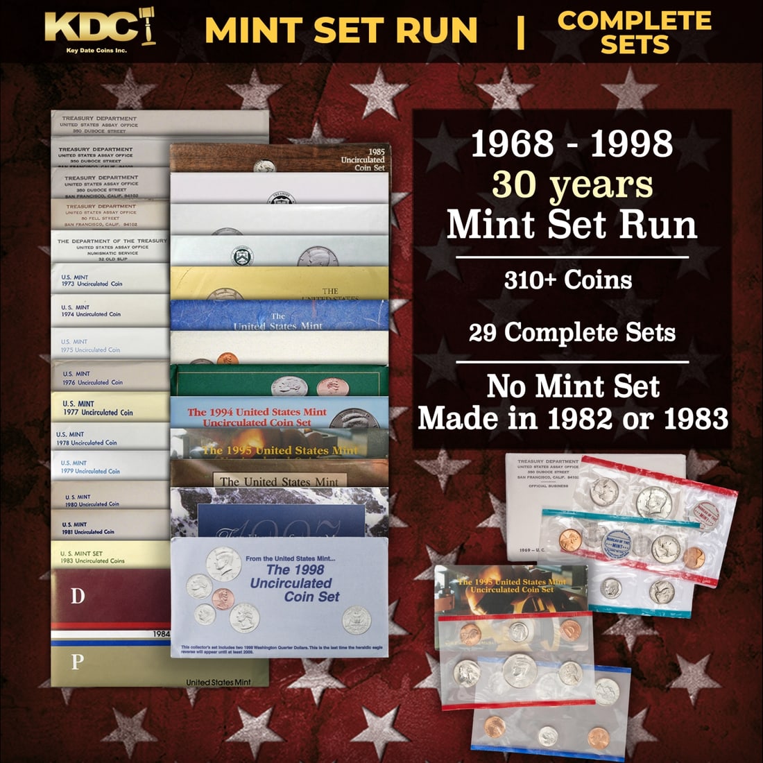 1968-1998 30 Years Mint Set Run - 315 Coins, 29 Complete Sets: 1968-1998 30 Years Mint Set Run - 315 Coins, 29 Complete Sets. 1968-1998 30 Years Mint Set Run - 315 Coins, 29 Complete Sets. There were no standard US Mint Sets issued in 1982 or 1983. The 1996 Mint 