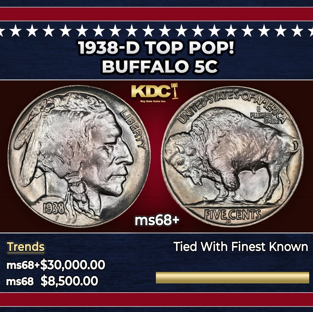 1938-d Buffalo Nickel TOP POP! 5c ms68+ SEGS: 1938-d TOP POP! Buffalo Nickel 5c ms68+ SEGS. Historic precious metal trends is causing increased spot pricing by the day. On auctions with set openings, we are doing our best to have items priced at 
