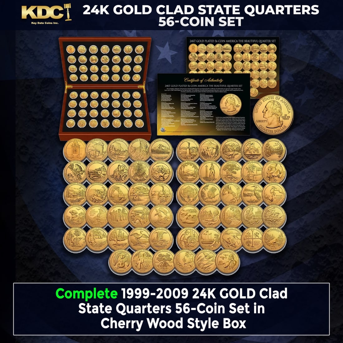 Complete 1999-2009 24K GOLD Clad State Quarters 56-Coin Set CherryWood Style Box Other Toy: Complete 1999-2009 24K GOLD Clad State Quarters 56-Coin Set CherryWood Style Box. 1999-2009 Complete 24K GOLD Clad State Quarters 56-Coin Set CherryWood Style Box