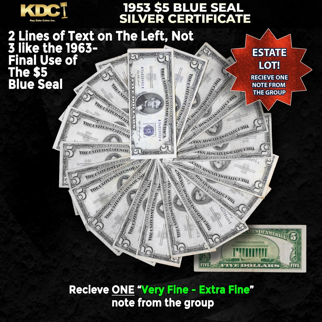 1x 1953 $5 Blue Seal Silver Certificate Grades VF/XF: 1x 1953 $5 Blue Seal Silver Certificate Grades VF/XF. Historic precious metal trends is causing increased spot pricing by the day. On auctions with set openings, we are doing our best to have items pr
