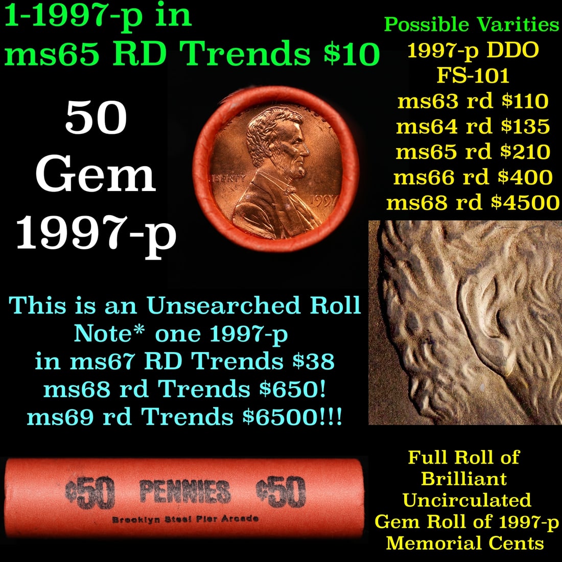 BU Shotgun Lincoln 1c roll, 1997-p 50 pcs Bank Wrapper 50c: BU Shotgun Lincoln 1c roll, 1997-p 50 pcs Bank Wrapper 50c. A terrific Shotgun roll of Lincoln cents in a Bank wrapper. Most if not all coins should be cherry red.Historic precious metal trends is cau