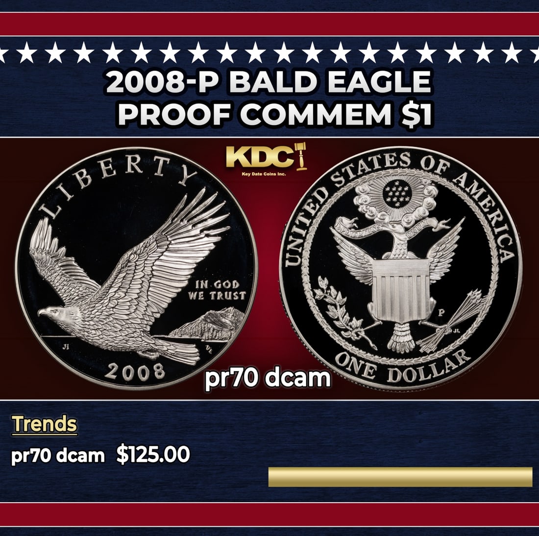 2008-P Bald Eagle Proof Modern Commem Dollar $1 pr70 dcam SEGS: 2008-P Bald Eagle Modern Commem Dollar $1 pr70 dcam SEGS. Historic precious metal trends is causing increased spot pricing by the day. On auctions with set openings, we are doing our best to have item