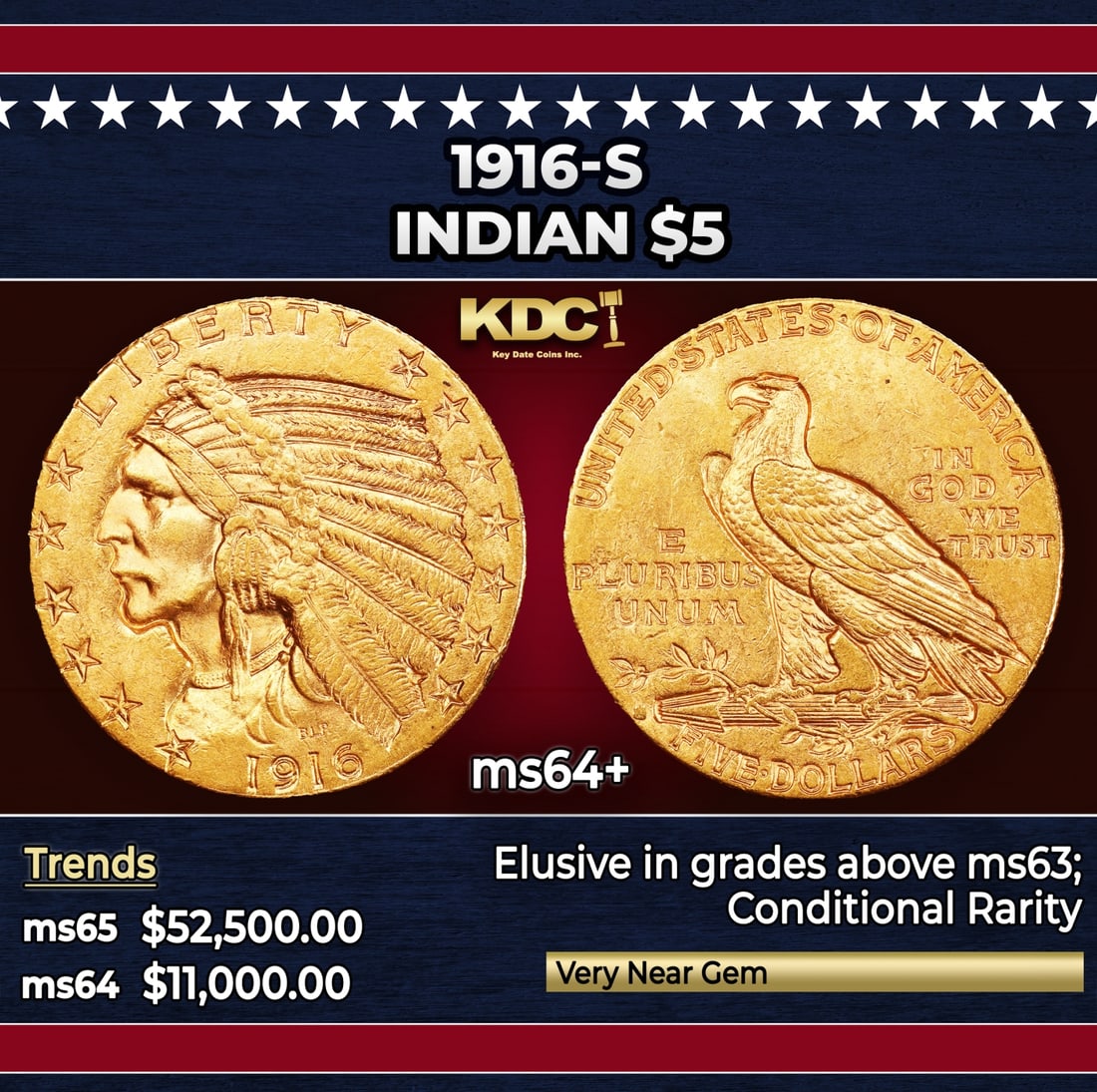 1916-s Gold Indian Half Eagle $5 ms64+ USCG: 1916-s Gold Indian Half Eagle $5 ms64+ USCG. Historic precious metal trends is causing increased spot pricing by the day. On auctions with set openings, we are doing our best to have items priced at t